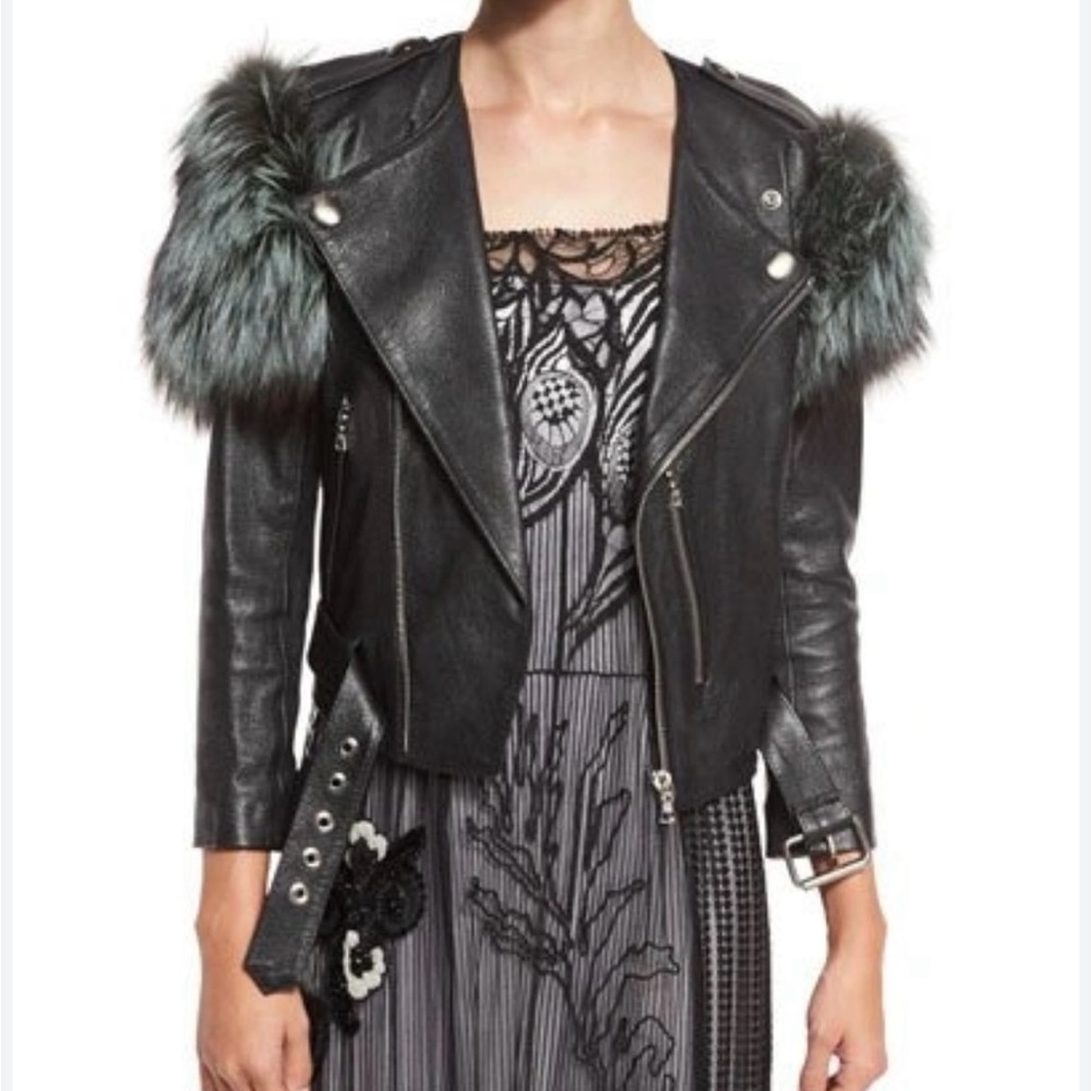 Marc Jacob’s Black Leather moto Jacket with real fox Fur Accents
